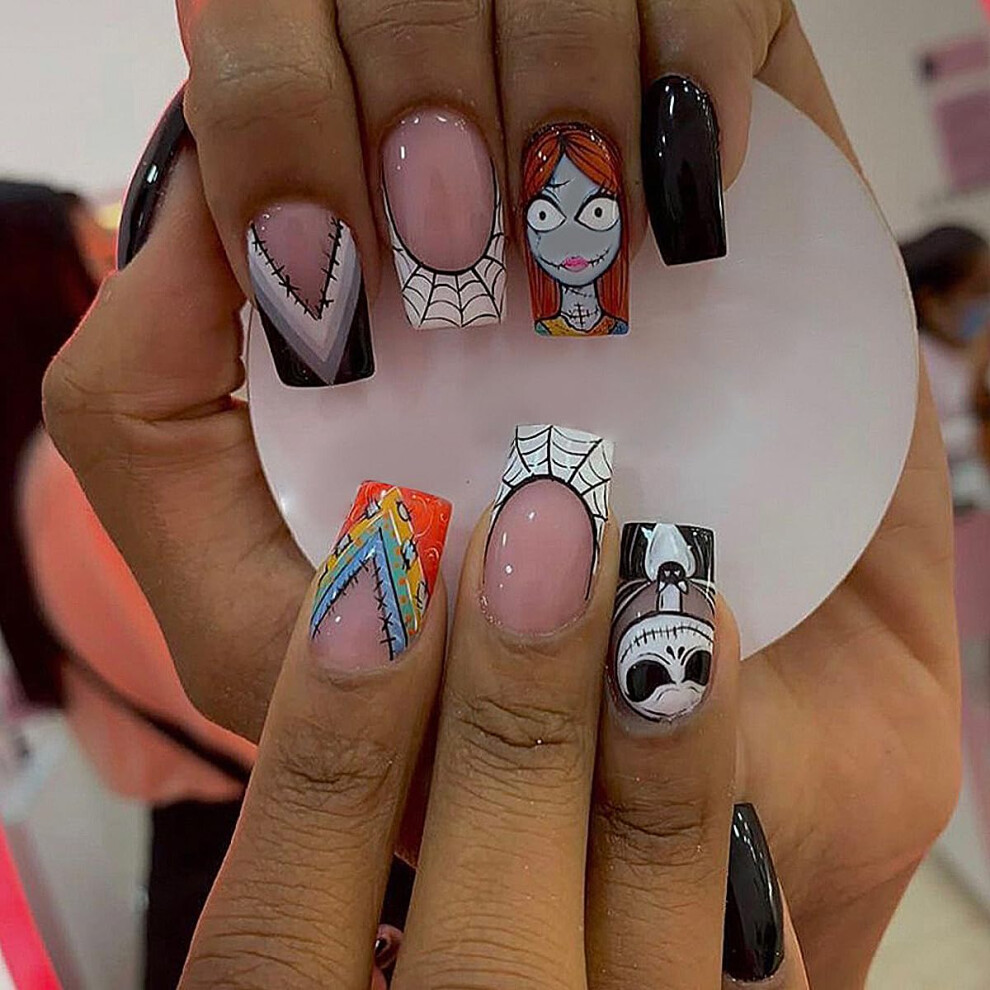 Halloween Press On Nails with Spider Web Skeleton Designs, Medium Square French Tip, 24pcs