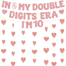 Aurmonigo 10th Birthday Decorations Girl - Rose Gold In My Double Digits Era I'm 10 Banner Heart Garland, Hanging Decoration for 10-Year-Old Girls Ha