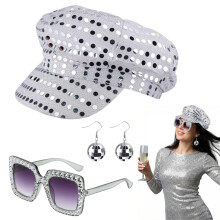EYWILYWI 3Pcs 70s Disco Costume Set Sequin Glitter Hat, Bling Sunglasses & Earrings,Retro Abba Accessories for Women,Perfect for Theme Parties, Birth