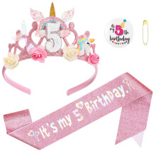 GSrenyu 5th Birthday Decorations for Girls,Headband Glitter Sash and Badge Set for 5 Year Old Girls Birthday Decorations,Flower Princess Crown Headba