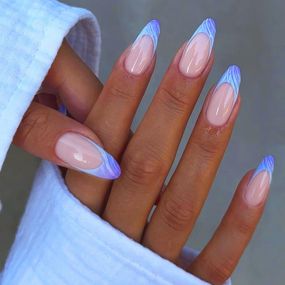 Blue French Tip Press On Nails Medium Almond Glossy Fake Nails With Crystal Accents 24Pcs