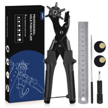 Leather Hole Punch, [Upgraded Version][Perfect Full Set] Diyife Belt Puncher, Heavy Duty Revolving Plier Tool with 3 Extra Plates Ruler Grinding Rod,