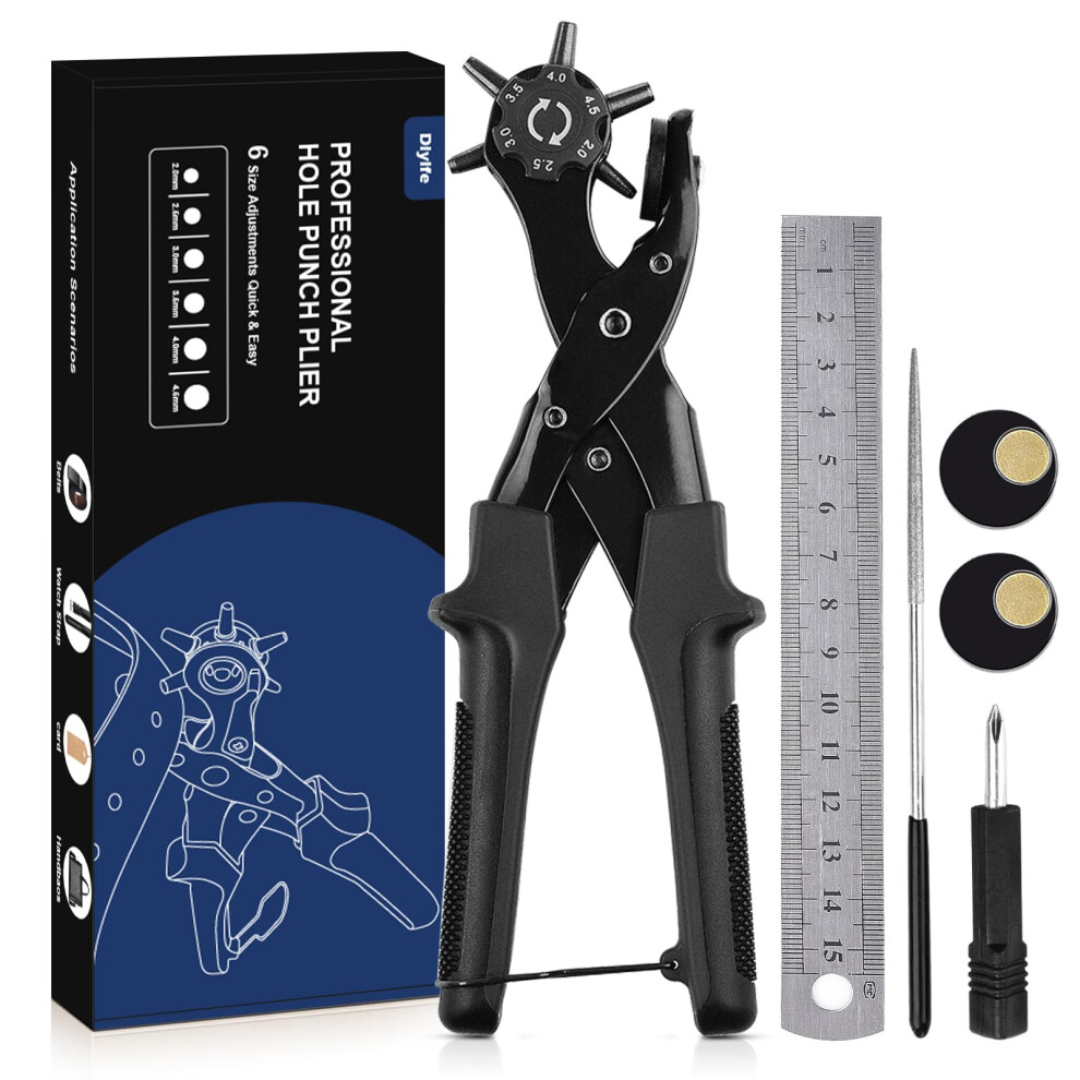 Leather Hole Punch, [Upgraded Version][Perfect Full Set] Diyife Belt Puncher, Heavy Duty Revolving Plier Tool With 3 Extra Plates Ruler Grinding Rod, 5003963154617