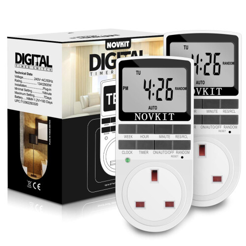 2 x NOVKIT Digital Security Timer Plug Socket Programmable Switch Timer with 10 ON-Off Programs and Random Mode for Home and Indoor (230V, 13A, 2900W