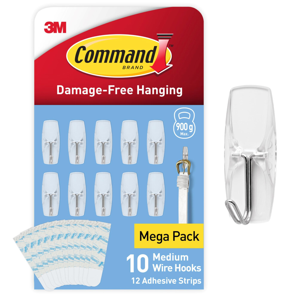 Command Wire Toggle Hooks - Medium - Transparent- Indoor Use - Multi Pack Of 10 Hooks And 12 Adhesive Strips 5051226637292