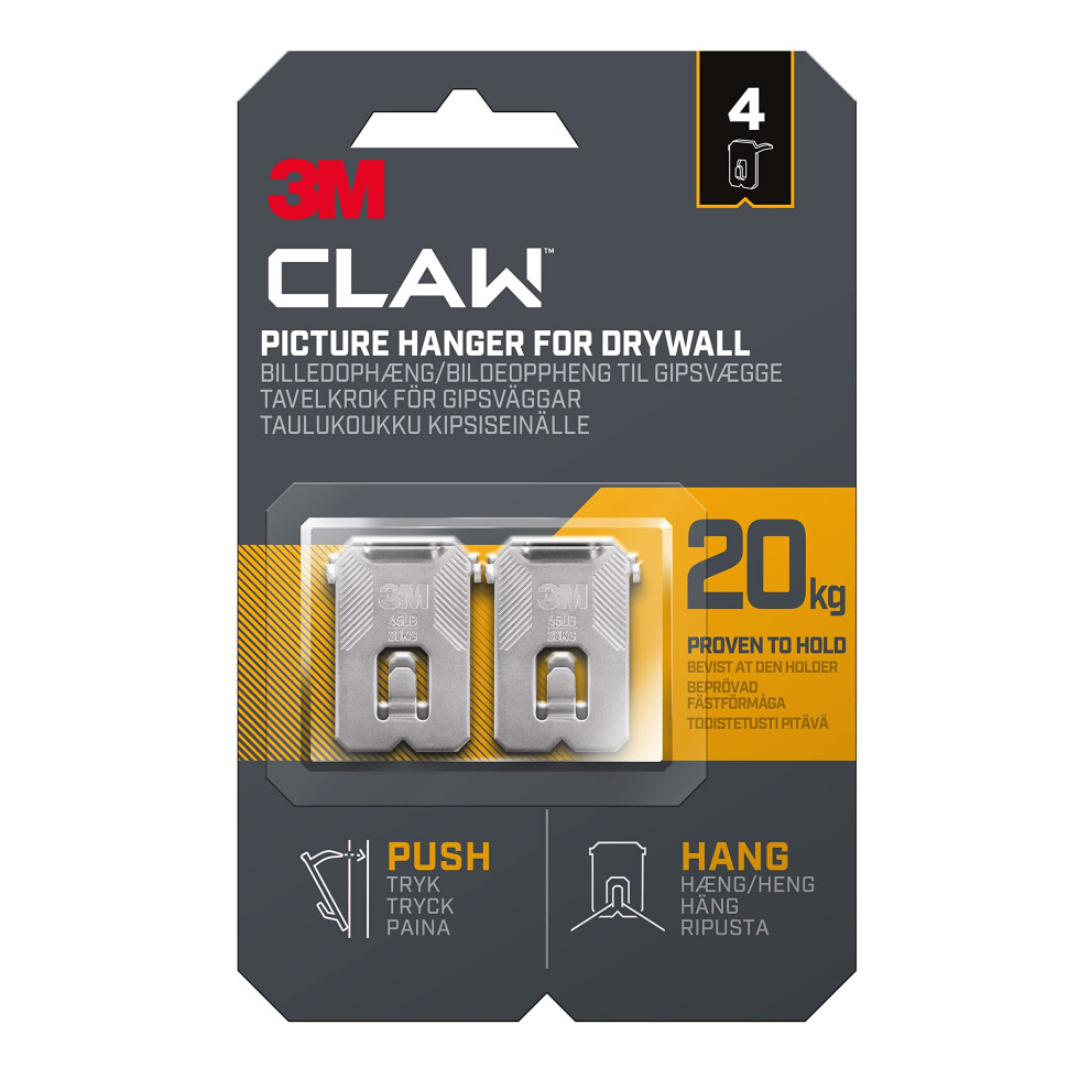 3M Claw Plasterboard Picture Hanging Wall Hooks For Hanging Home Dã©Cor, 4 Hangers, Holds Up To 20 Kg - Ideal For Heavyweight Items 5051226605383