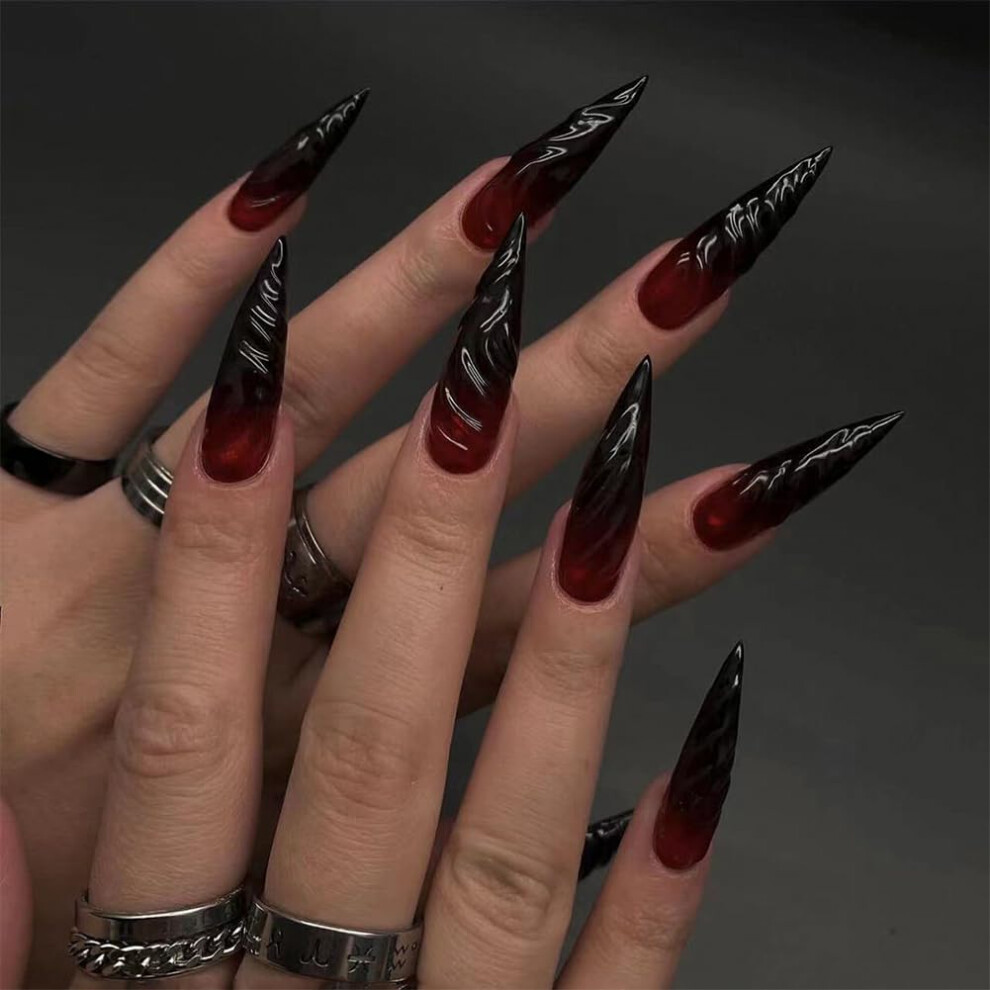 Halloween Press On Nails Long Stiletto Fake Nails Black Tips Ombre Reusable Salon Style Set