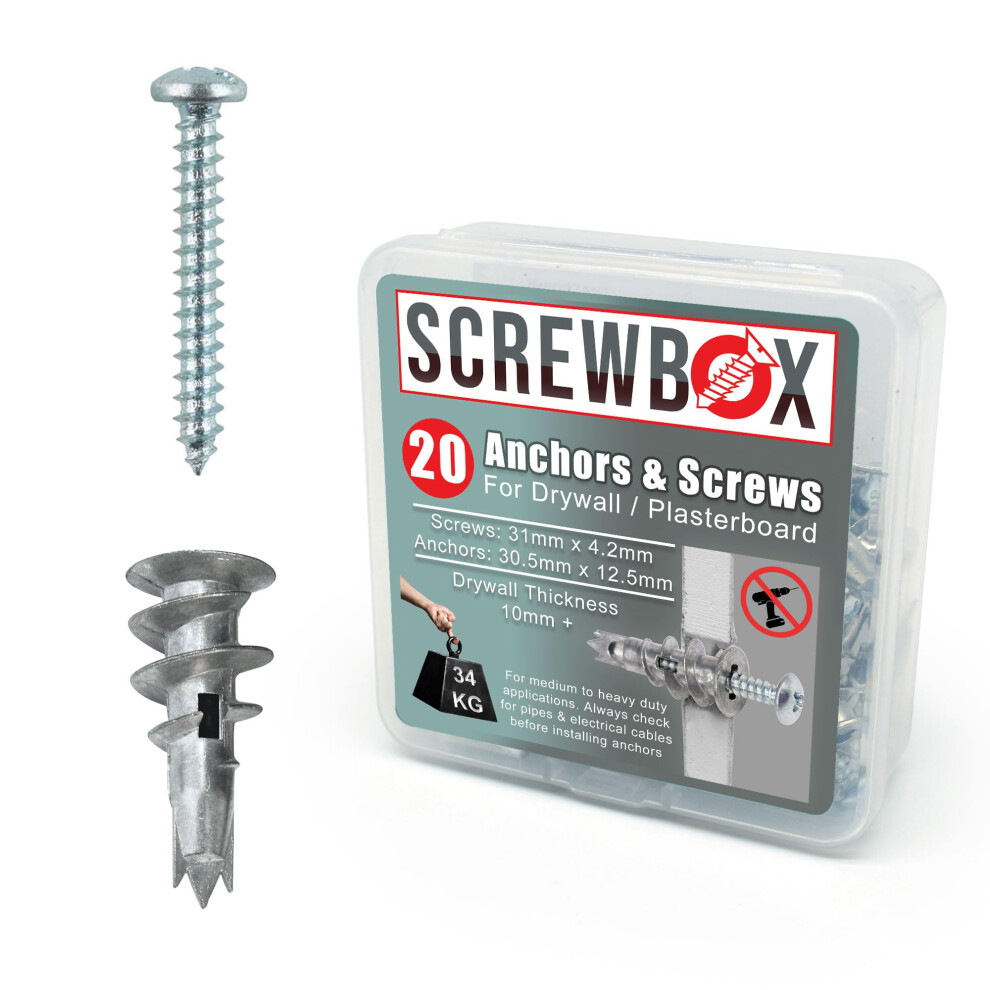 Screwbox Plasterboard Fixings Â 20Pcs Heavy Duty Drywall Anchors & Screws, Metal Self Drilling Wall Plugs For Strong Grip 82509811