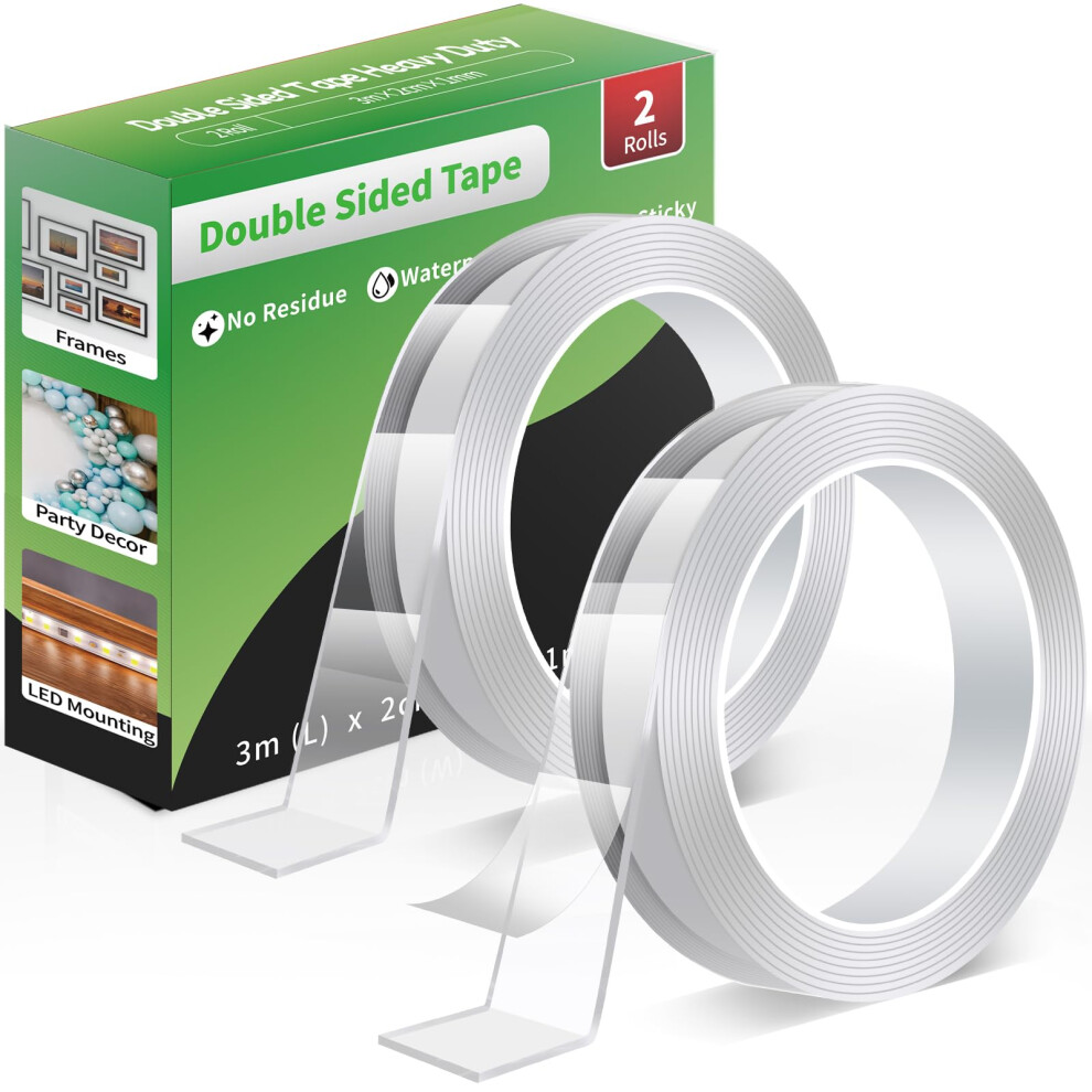 Euqvunn Double Sided Tape Heavy Duty, Removable Strong Sticky Pads Nano Adhesive Strips, Clear Multipurpose Tape For Poster/Wall Hanging/Carpet 2 Rol 5000801738404
