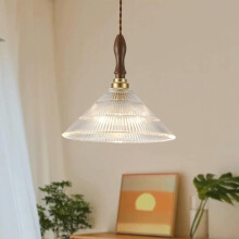 Rustic Pendant Light with Vintage Ribbed Glass and Wood, Height Adjustable for Kitchen Island