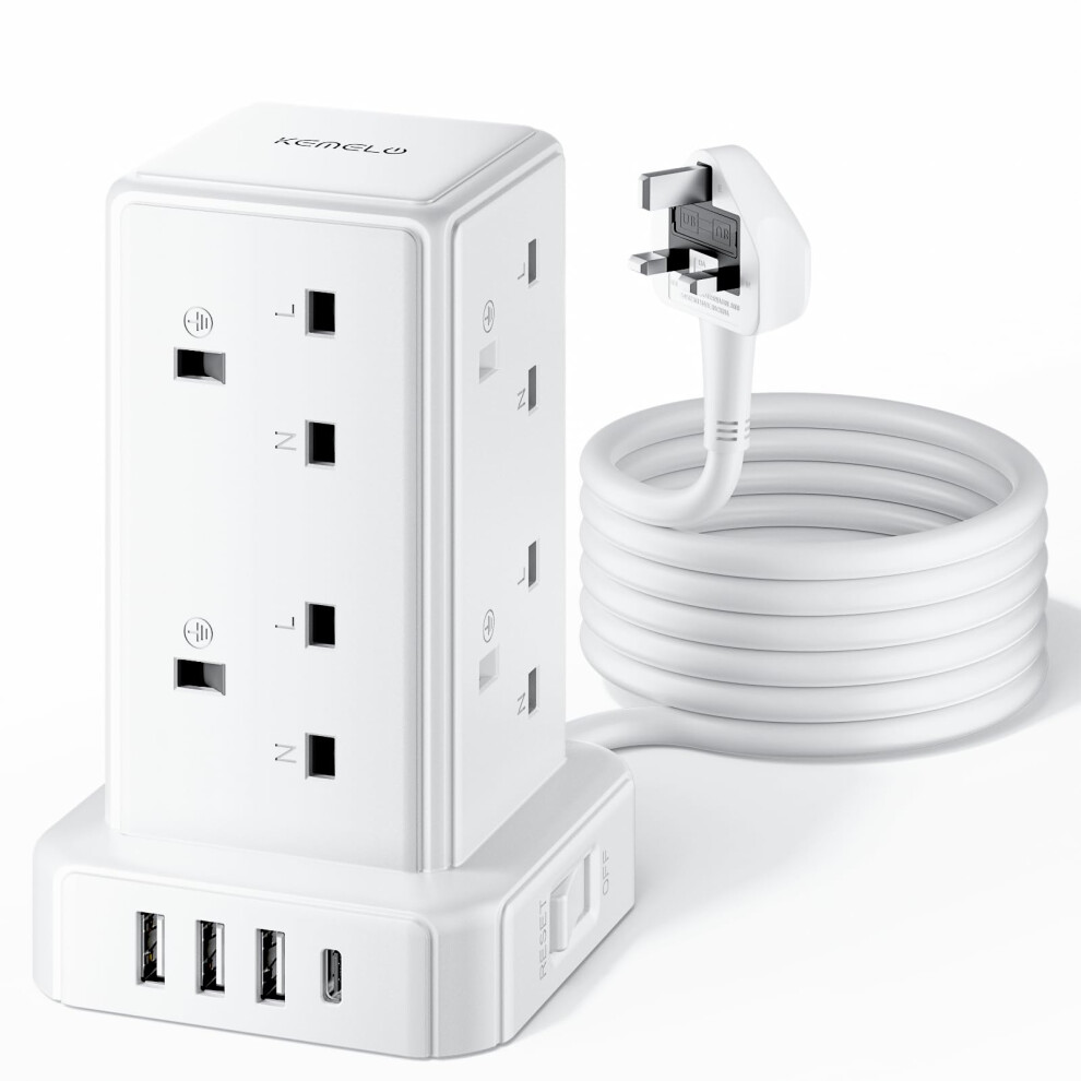 Tower Extension Lead 3M With 8 Way Multi Plug Extension Tower & 4 Usb Ports (13A 3250W),Mini Power Strip With Switch 5051226615948