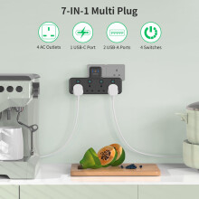 Multi Plug Extension Socket with PD20W USB C Slot 4 Way Plug Adapter w