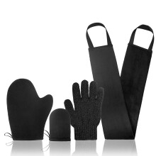 Self Tanning Mitt Set with Exfoliating Glove and Back Applicator Handles for Streak Glow