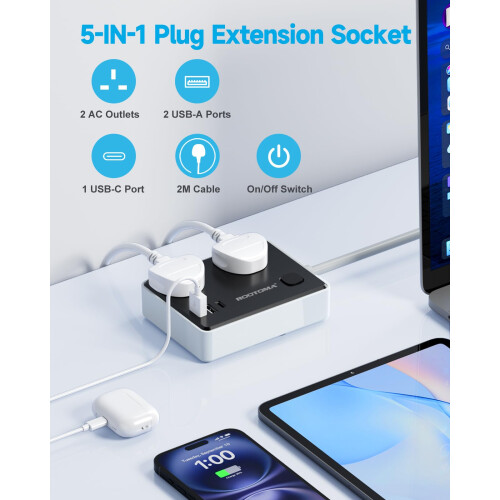 Extension Lead with 3 USB Slots 1 USB C Surge Protected 2 Plug Extensi
