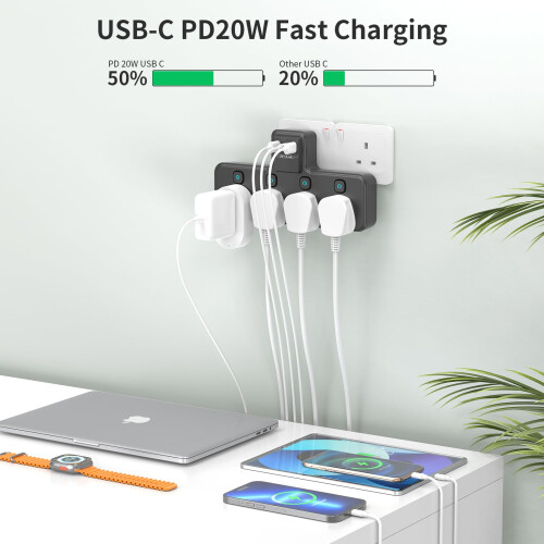 Multi Plug Extension Socket with PD20W USB C Slot 4 Way Plug Adapter w 1