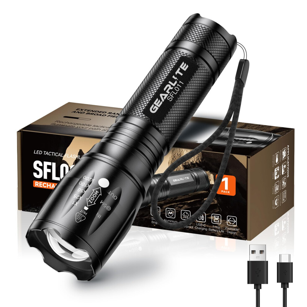 Gearlite Led Torch Rechargeable, 2000Lm Zoomable Rechargeable Torch With 3 Modes, Long-Lasting Ip65 Waterproof Torches Led Super Bright For Camping 5051226571404