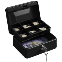 H&S Money Box with Key - 6 inch Money Tin with Lock - Small Lockable Cash Box with Coin Tray for Petty Cash Coins Notes - Locking Metal Safe Box with