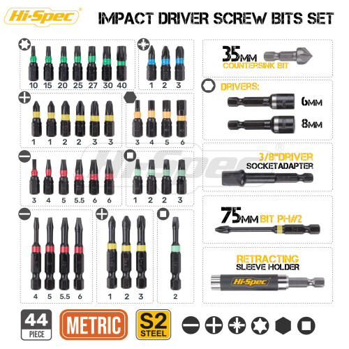 HiSpec 44pc Impact Drill Driver Screw Bit Set with Popular PZ  PH Size