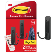 Command Decorative Hook, Matte Black Double Hook, Indoor use - 2 Metal Medium Hooks and 3 Adhesive Strips - Hang Jackets, Purses, Handbags, Backpacks