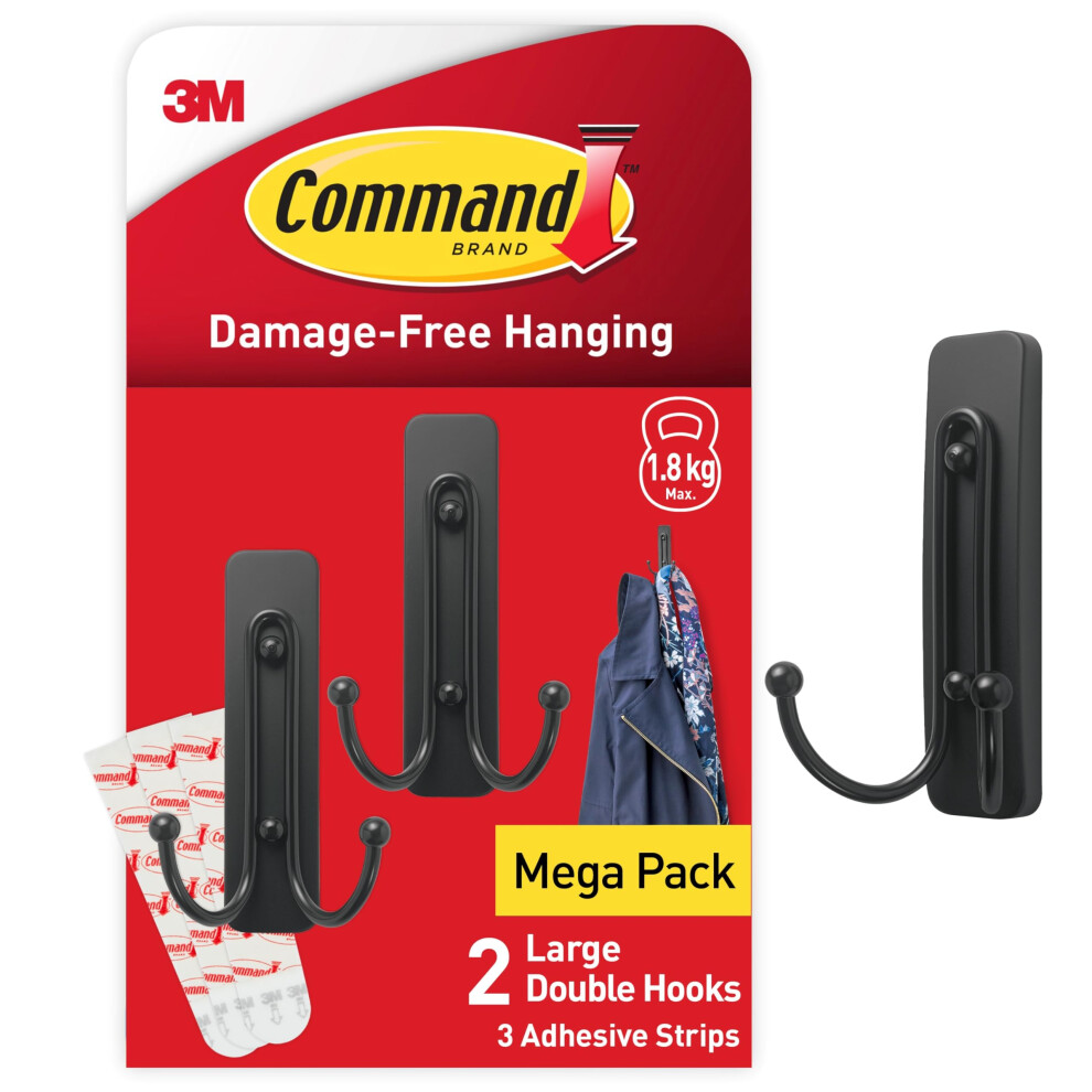 Command Decorative Hook, Matte Black Double Hook, Indoor Use - 2 Metal Medium Hooks And 3 Adhesive Strips - Hang Jackets, Purses, Handbags, Backpacks 5051226574894