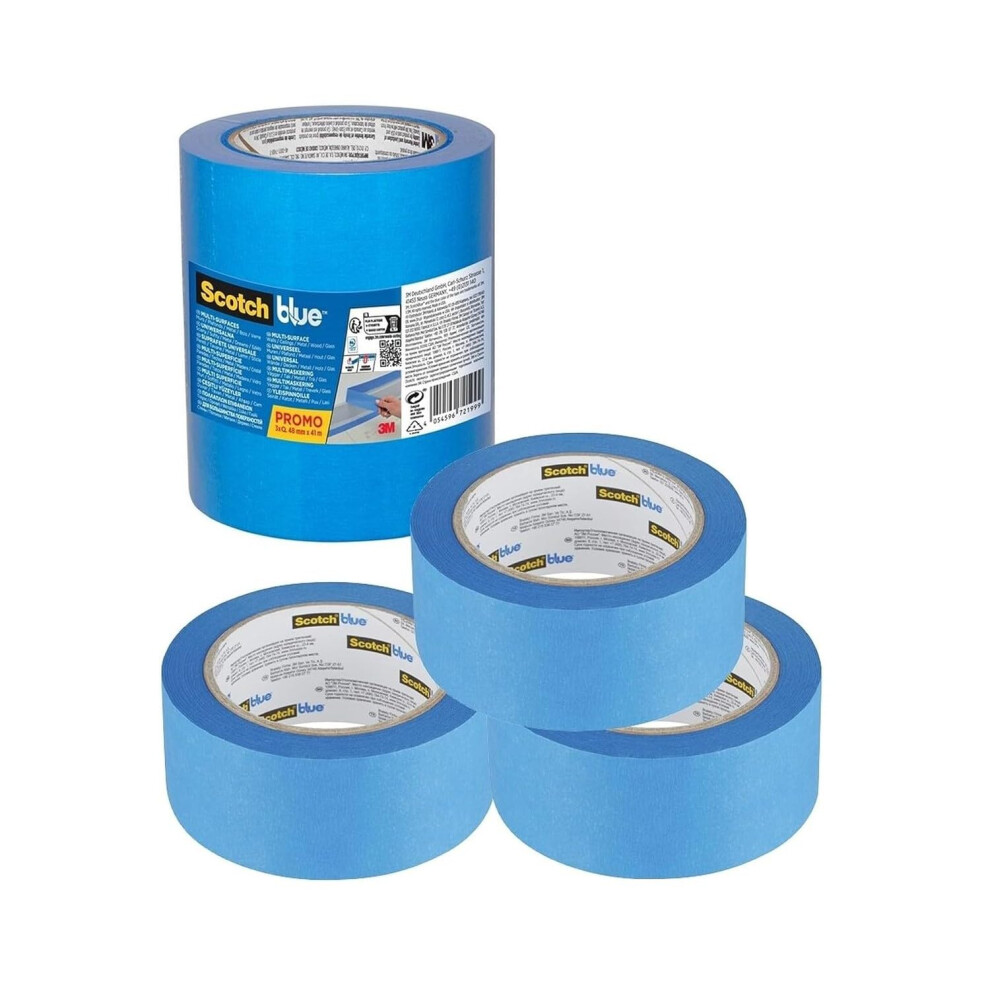 Scotchblue Multi-Surface Premium Masking Tape, Pack Of 3, 48 Mm X 41 M, Scotch Adhesive Blue Painters Tape, For Painting And Decorating, Indoor & Out 5001347141734