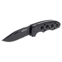 Wolfcraft Folding Knife with Serrated Blade - 75 mm Pocket Knife for Camping, Bushcraft, Hiking & Hobby Use - Safety Lock, Aluminium Grip, 103/180 mm