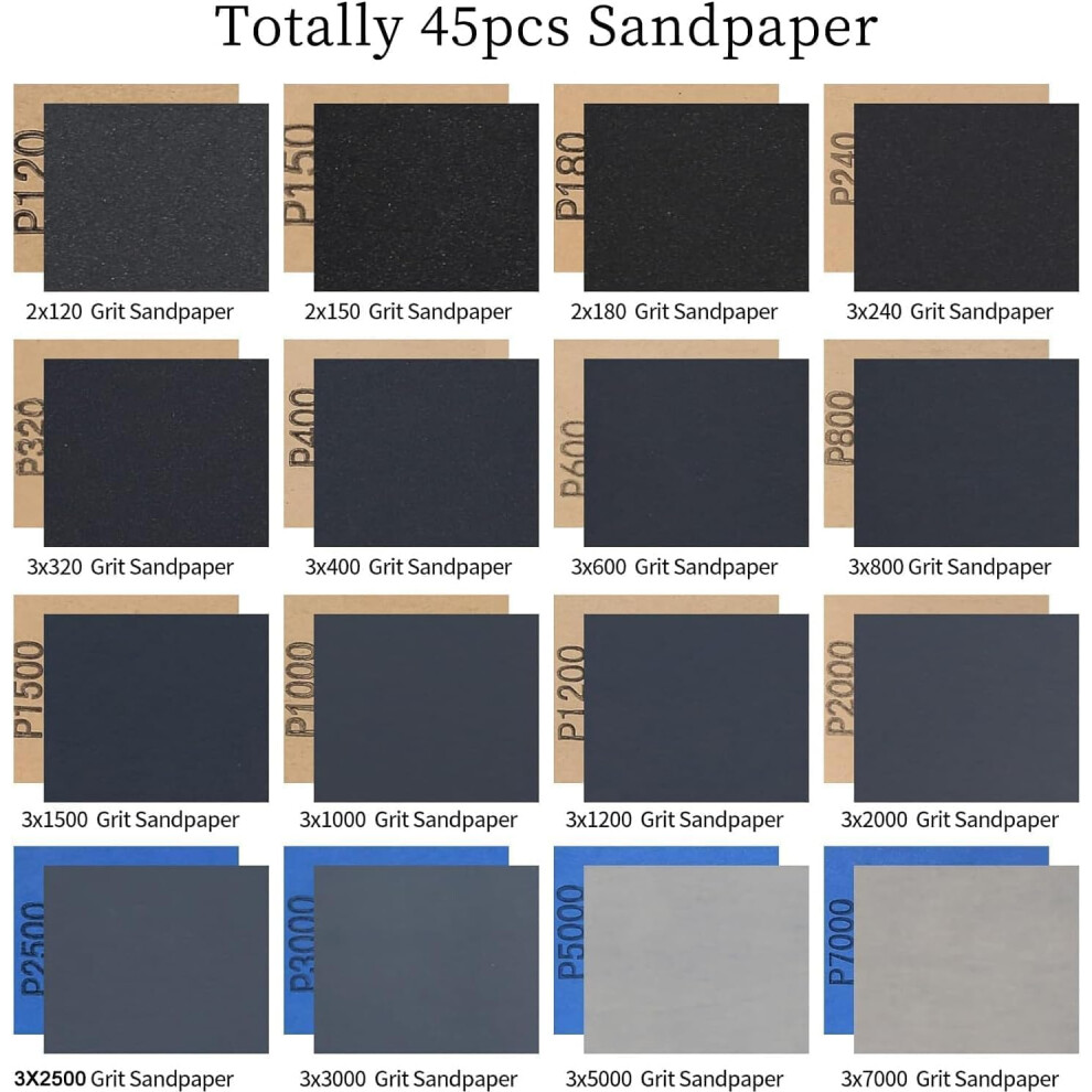 45 Sheets 120 To 7000 Grit Assorted Sandpaper Wet And Dry Sanding Pape 5000047590774