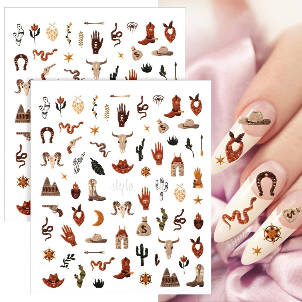 Cowboy Nail Art Stickers 5D Embossed Western Decals SelfAdhesive Retro Hat Boots Cactus Designs