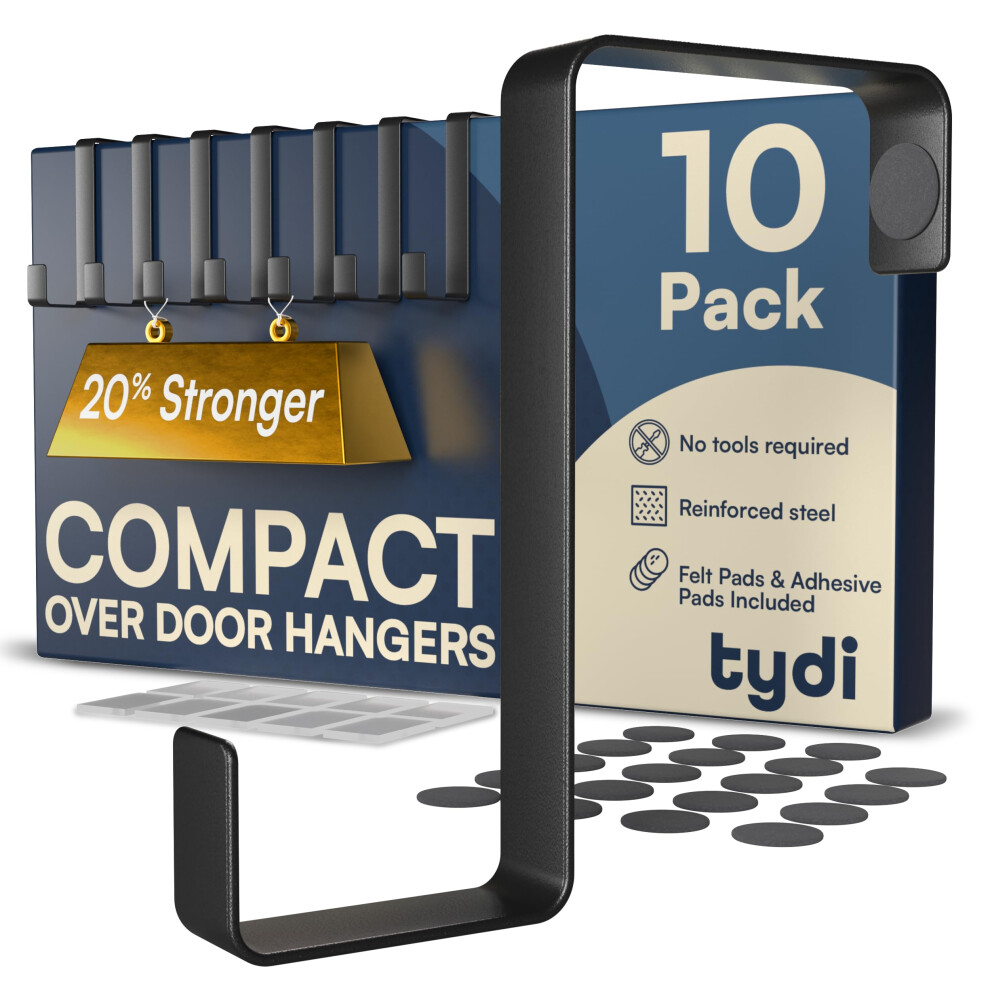 Tydi Compact Over Door Hanger (10 Pack) Â Holds 6Kg Â Reversible Fit For 3.6Cm & 4.6Cm Doors Â Thick Stainless Steel Over Door Hooks With Felt & 6265531440945