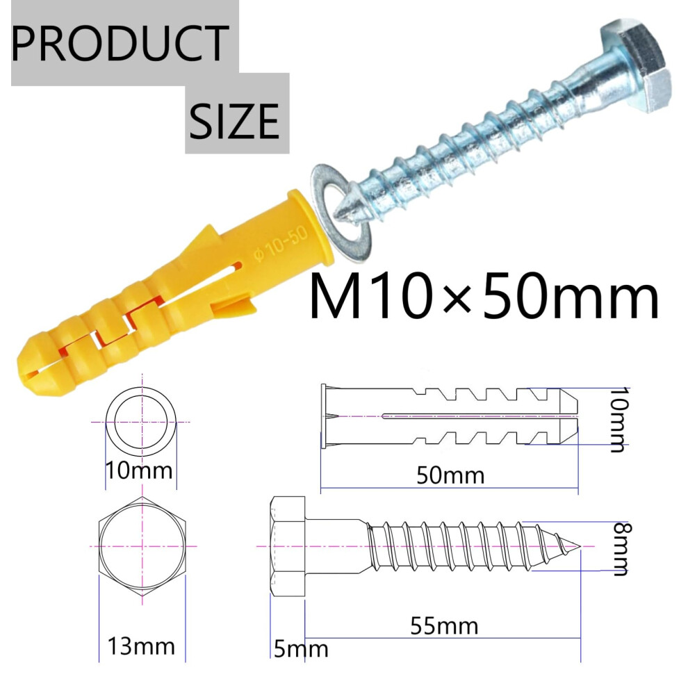 M10x50mm Heavy Duty Masonry Brick Wall Fixing Plug Coach Screw Zinc P 5005463204526