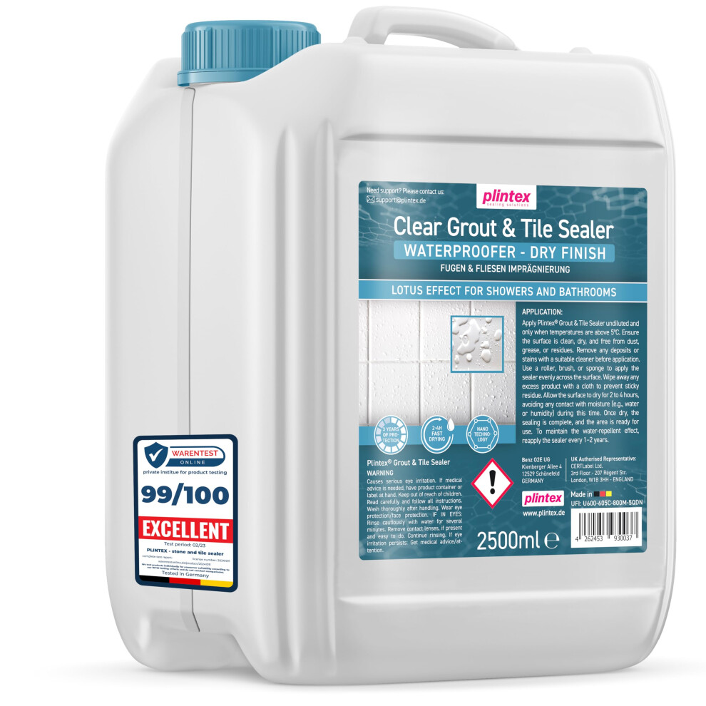 Plintex Grout & Tile Sealer 2,5L For Shower & Bathroom - Water-Based Sealant With Long-Lasting Lotus Effect - Grouting Protector Against Limescale & 5003349620422