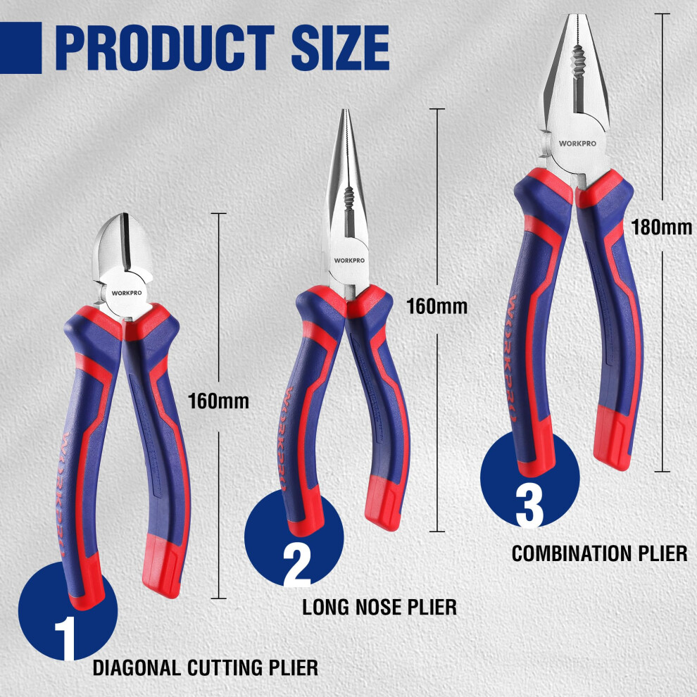 Workpro 3Piece Pliers Set 160Mm Long Nose 160Mm Diagonal Cutting 180Mm 5002585949595
