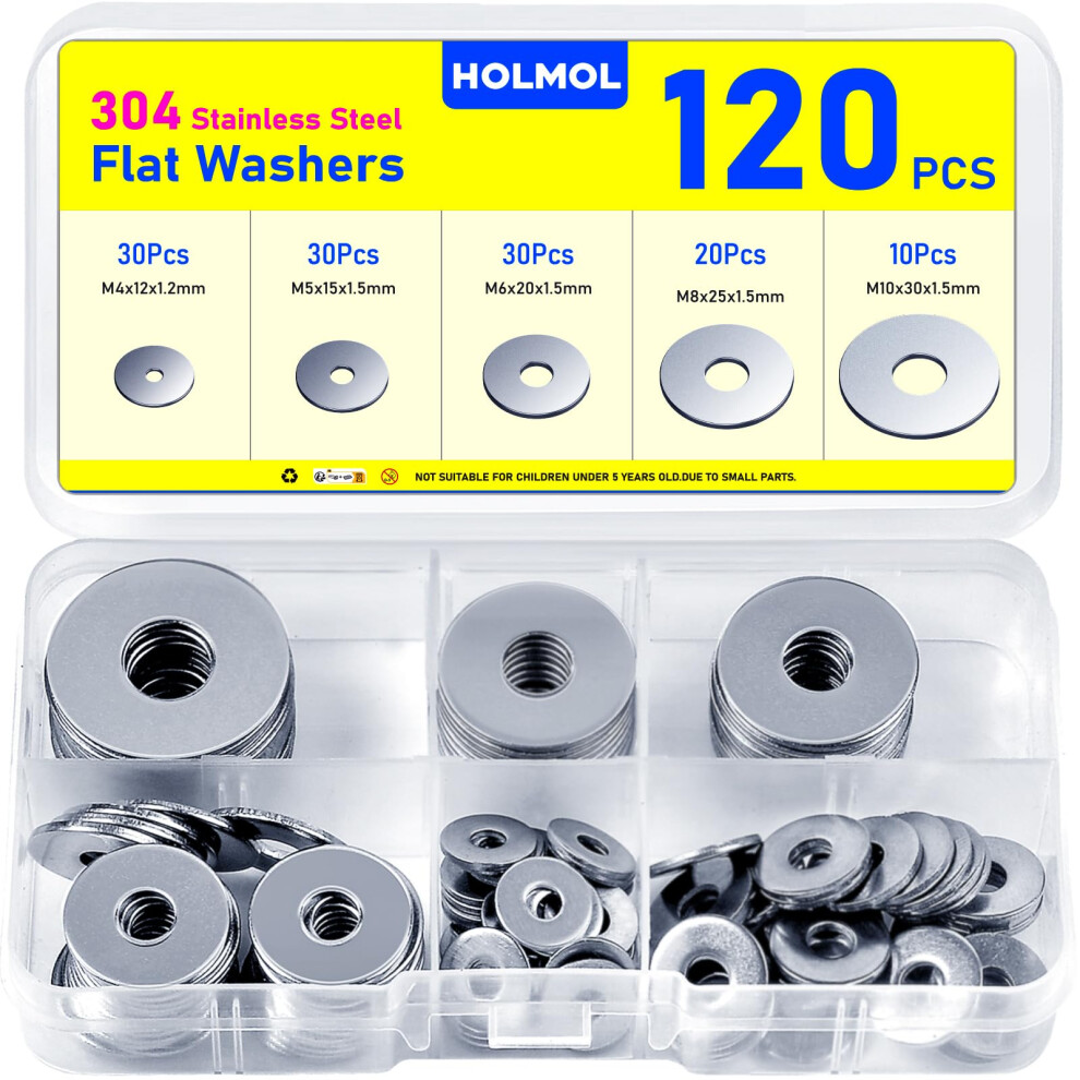 Washers 120 Pcs, Holmol Flat Penny Washers, Stainless Steel Washer For Screws & Bolts With 5 Sizes M4 M5 M6 M8 M10, Flat Metal Washer Assorted 5051226602399