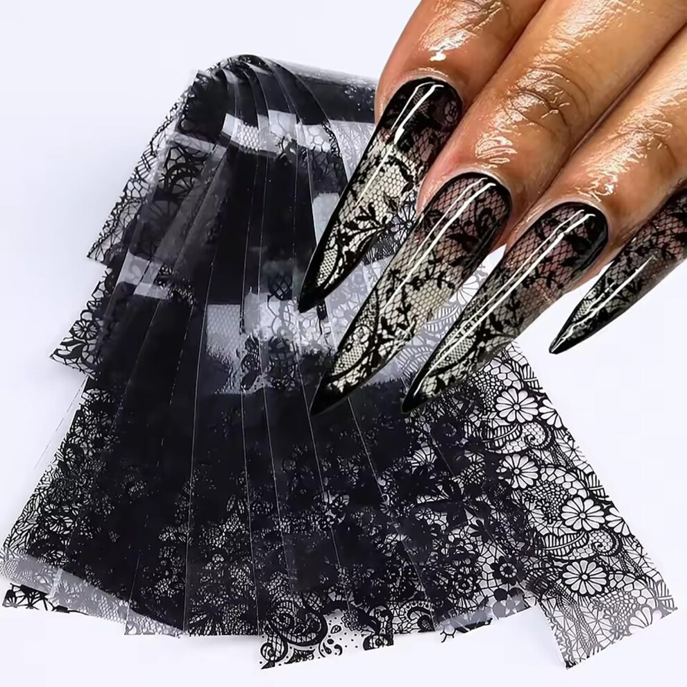 Black 10 Sheets Lace Nail Foil Transfer Sheets For Diy Manicure, Holographic Nail Art Stickers