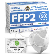 FFP2 NR D Masks Pack of 50 - UKCA certified, controlled supply chain, comfortable, hypoallergenic, and adjustable elastic bands. Safe