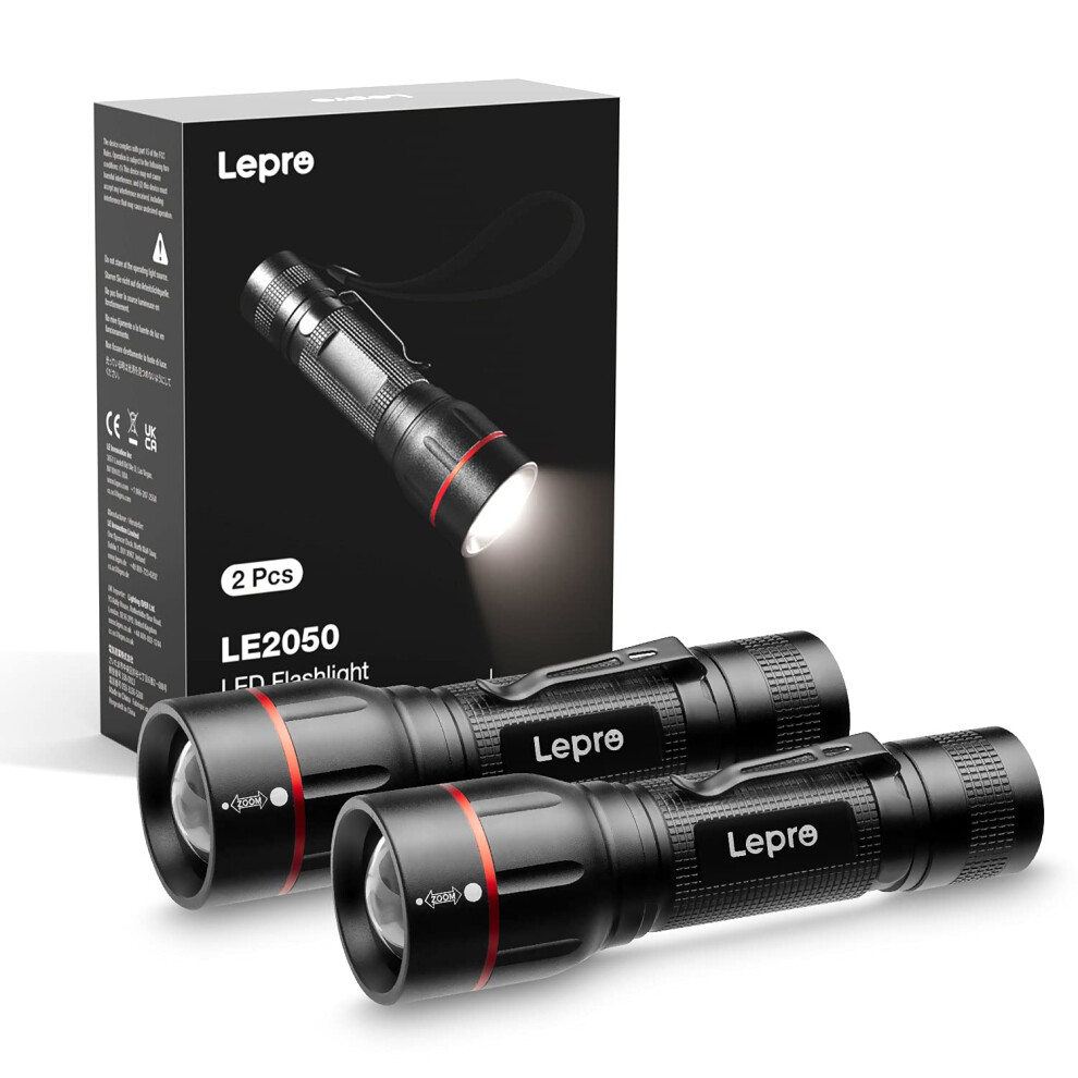 Lepro 2 Pack Led Torch Battery Powered, Le2050 Super Bright Handheld Flashlight, 5 Modes, Zoomable, Clip, Waterproof, Lightweight, For Camping 5051226561504