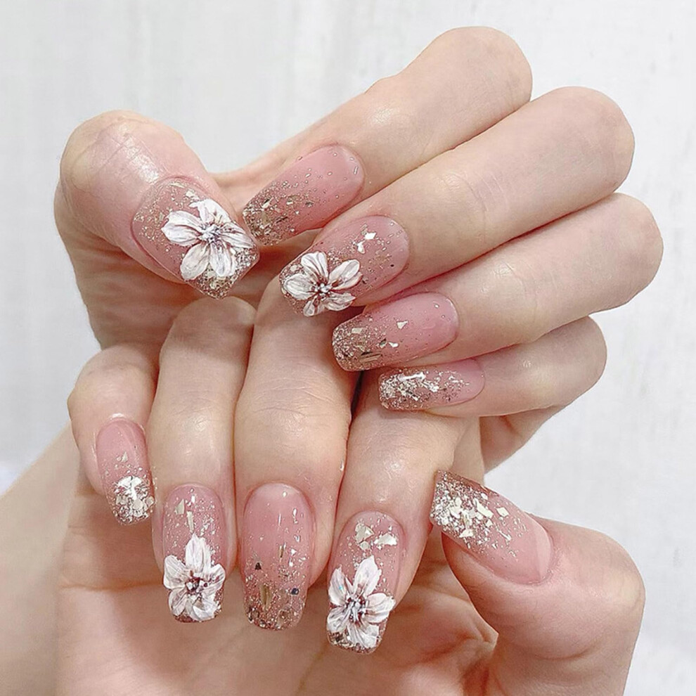 Coffin Shaped Press On Nails with Glue, Glitter Acrylic Medium Length Reusable False Nails for Women