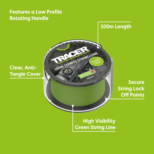 Tracer 100m String Line - Anti-Tangle, High Visibility Builders Line on Rotating Spool with Integrated Handle. 1