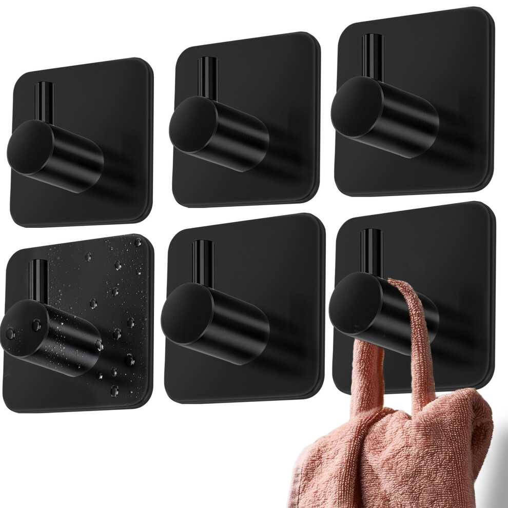 4Smile Self Adhesive Hooks - 6 Pcs Strong Black Sticky Hooks For Hanging Towels - Stick On For Heavy Duty Waterproof, Bathroom Towel Rail, Tea Towel 5002414142593