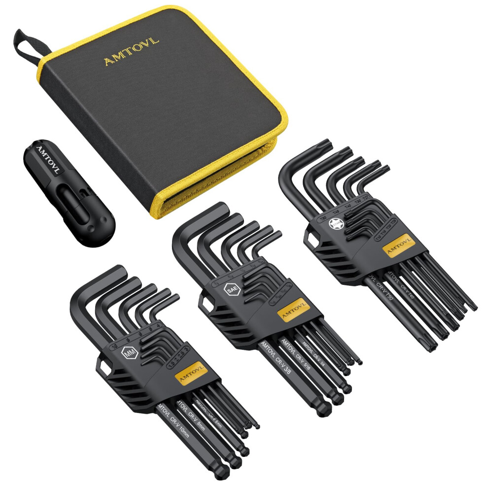 Amtovl Hex Keys Set, 27Pcs Allen Key Set & Star Key Set, Metric Imperial Extra Long Ball End Hex Key Set With Color Coding With T-Handle For Bicycle 5051226647710