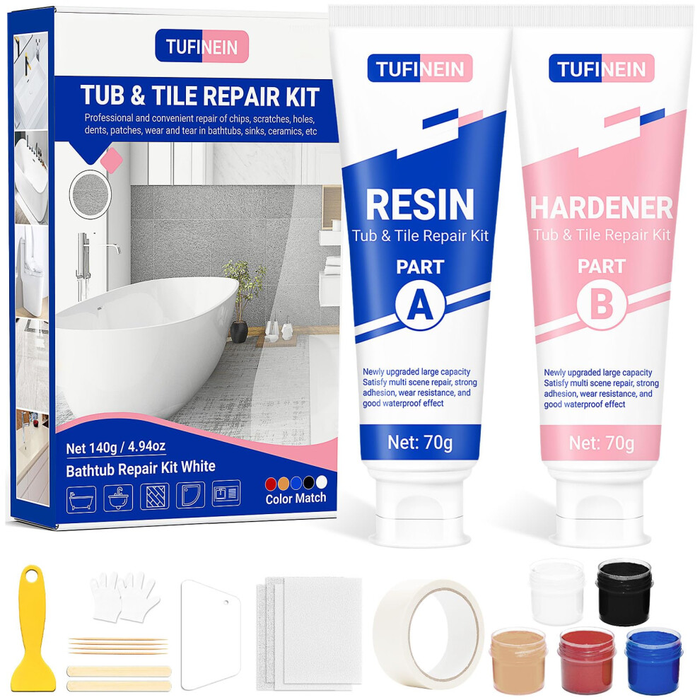 Bathtub Repair Kit 140G (Color Match), Tufinein Ceramic Repair Kit For Porcelain, Fiberglass, Enamel, Ceramic, Acrylic Repair And Fix Chips, Cracks, 1282774017074