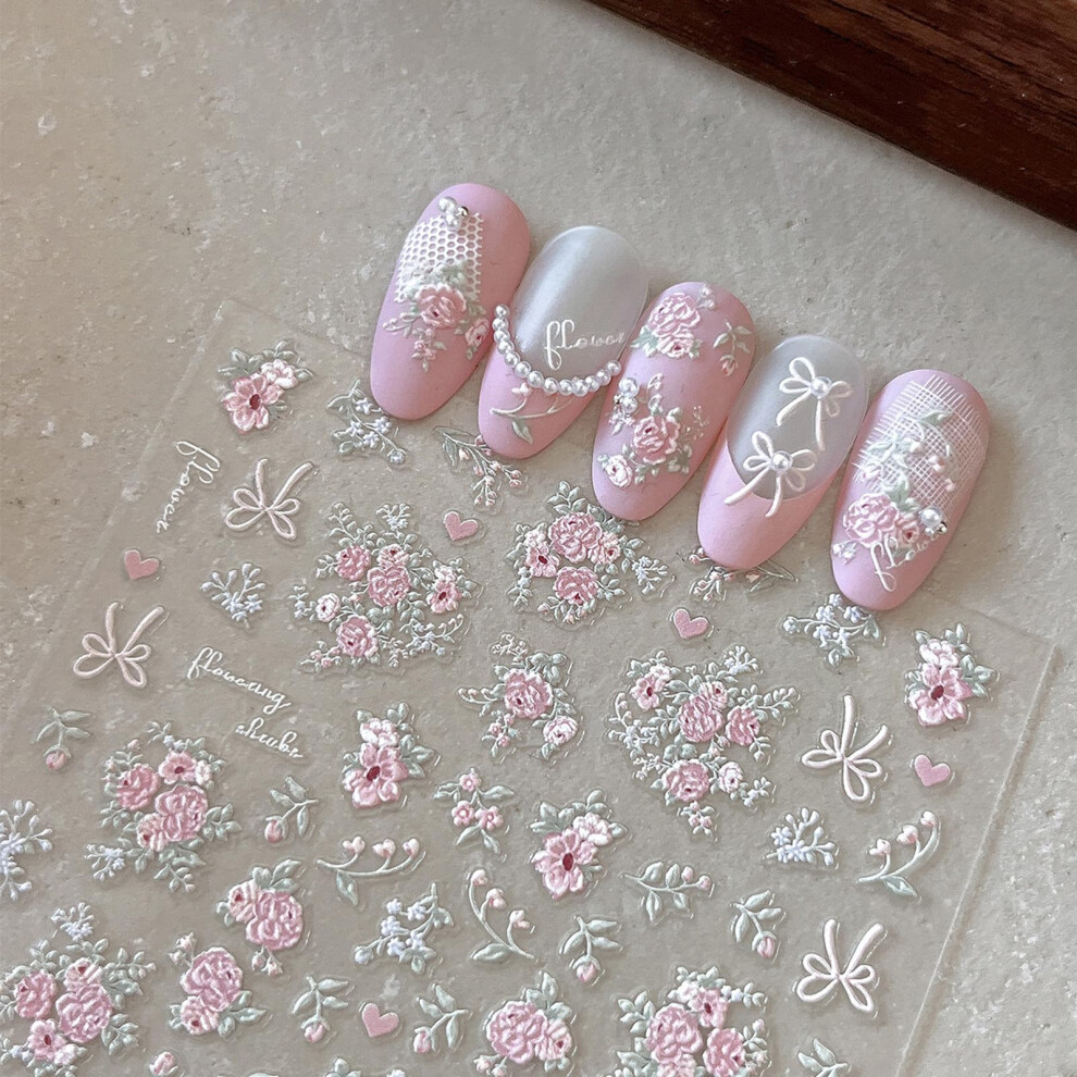 Pink 5D Flower Nail Stickers Embossed Floral Decals Selfadhesive Spring Nail Art For Acrylic Nails