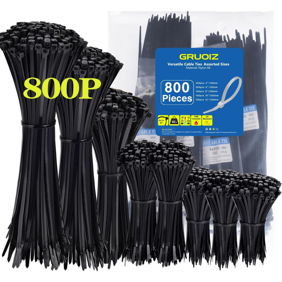 800 Pack Cable Ties Assorted Sizes 3.6Mm X 100/150/200/250/300Mm Black Cable Ties Heavy Duty Tie Wraps Assorted Plastic Zip Ties 40Lbs Wire Ties 5051226966446