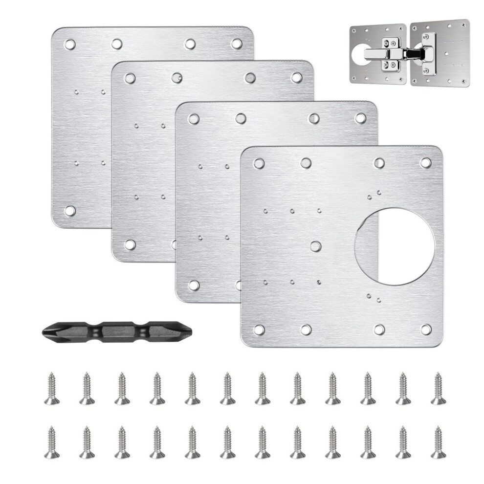 Flintronic 4Pcs Hinge Repair Plate, Stainless Steel Hinges Repair Brackets, Cabinet Hinge Repair Plate With 24Pcs Customized Screws, Flat Fixing Join 5004999947501