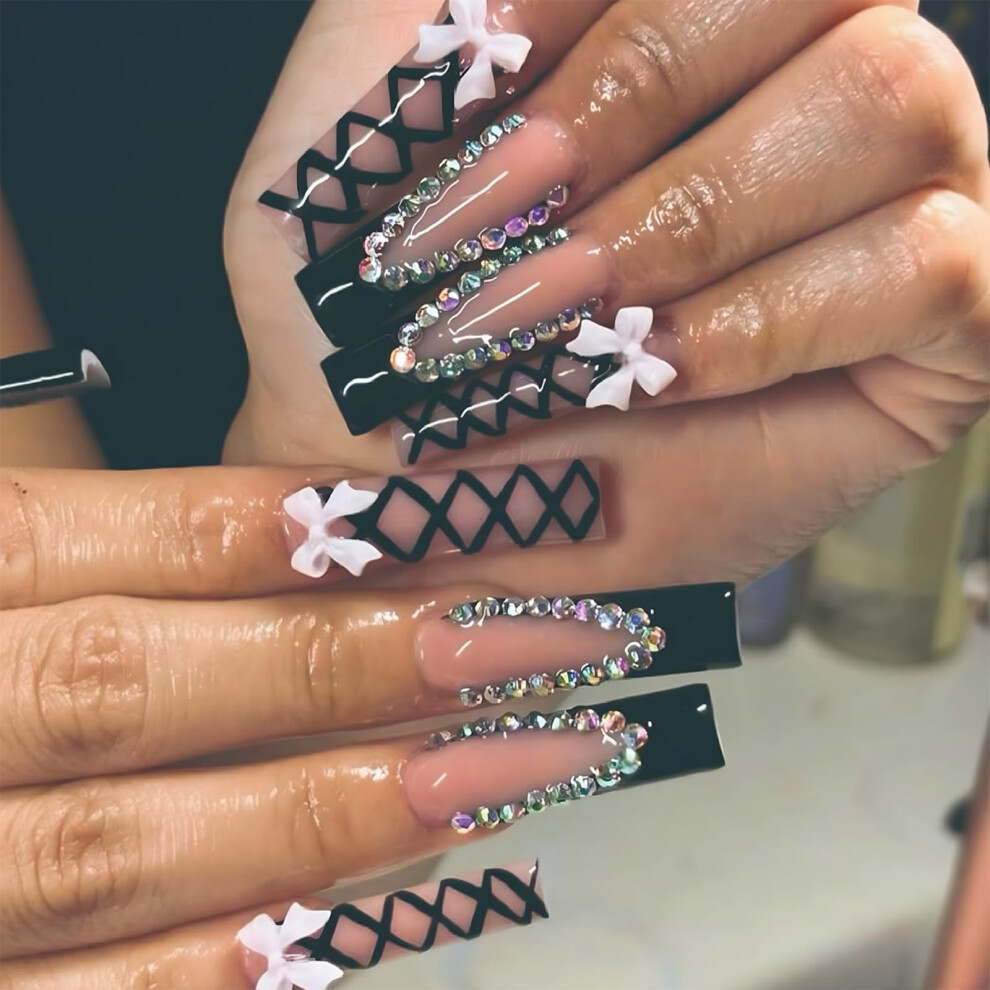 Cream Long Coffin Press On Nails With Rhinestones And 3D Bow, Extra Long Nude Handmade Fake Nails 24Pcs