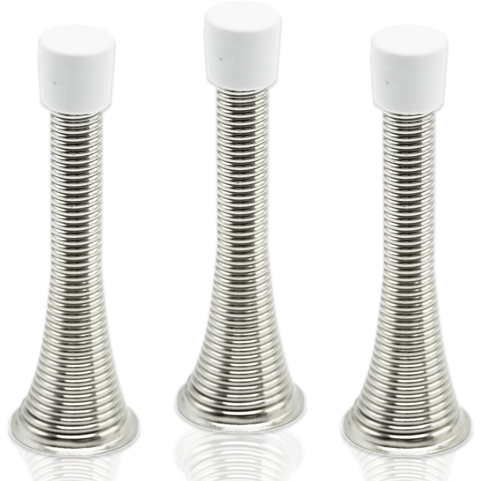 3X Wall Mounted Chrome Spring Door Stop Sprung Stopper Skirting Board Buffer With 3X Replacement Rubber Tip 5051226601262
