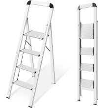 KINGRACK 4 Step Aluminium Step Ladder with Handrail, 330lbs Silver