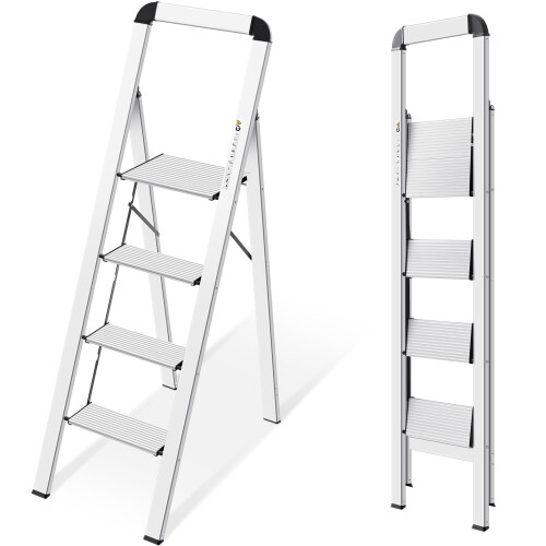 KINGRACK 4 Step Aluminium Step Ladder with Handrail, 330lbs Silver