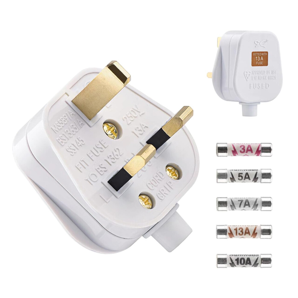 2 Pack 3 Pin Plug Uk 13 Amp Plugs White Plug Fused Mains Plugs With 3A 5A 7A 10A 13A Domestic Fuses Kit 5005996792446