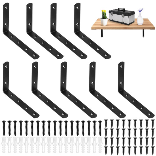 9 Pcs Black Shelf Brackets , Wall Mounted，90 Degree L Shelf Suppor